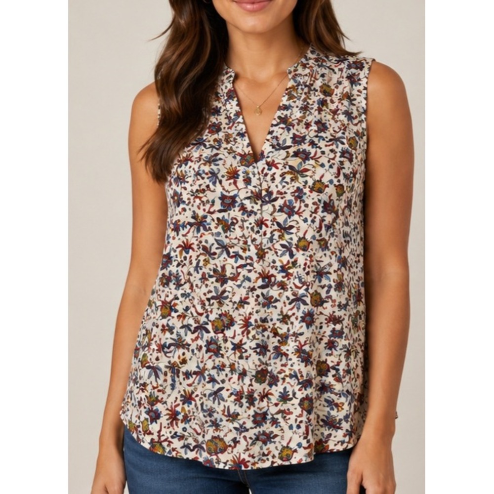 Rose + Olive Sleeveless Split Neck Floral Paisley Print Blouse Multi Color